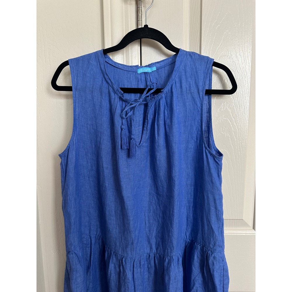 J.McLaughlin‎ Blue 100% Linen Sleeveless Tiered Tassel Tie Neck Midi Dress L - Picture 4 of 8